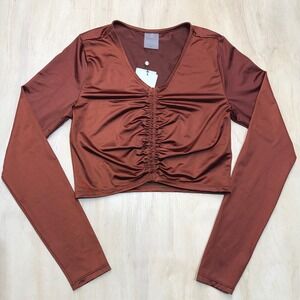 NWT Calia by Carrie Underwood Womens LS Ruched Rash Guard Red Brown UPF 50+ XS